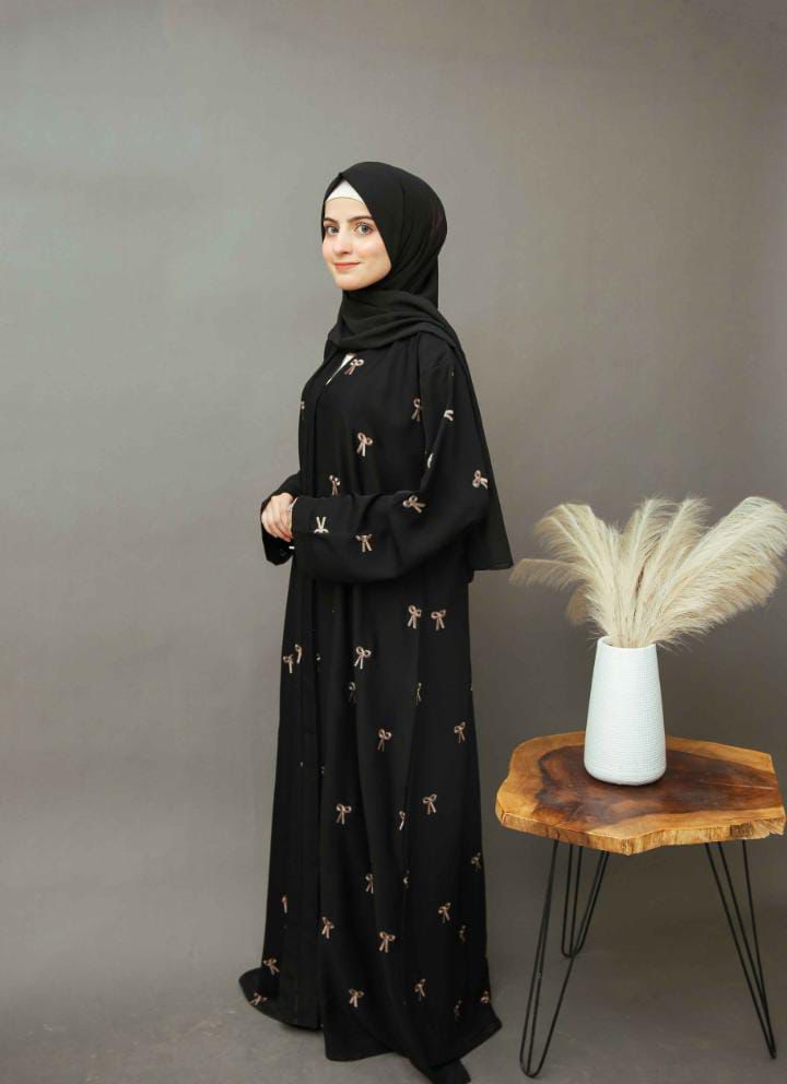 Bow Abaya With Front And Back Embroidery