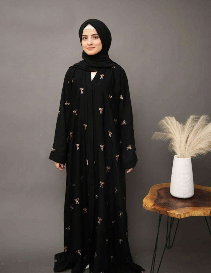 Bow Abaya With Front And Back Embroidery