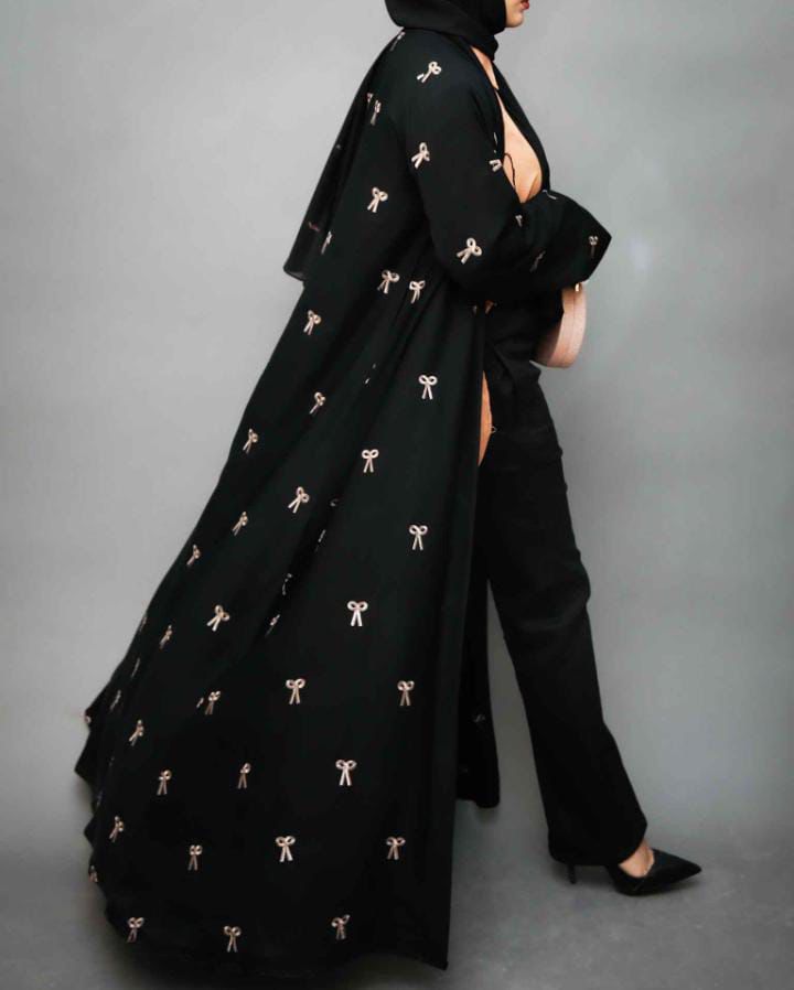 Bow Abaya With Front And Back Embroidery