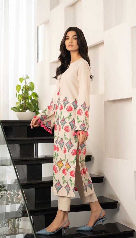 PRINTED CREAM FLORAL LONG  2PCS SET
