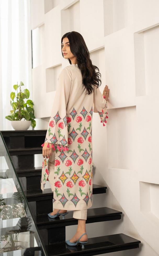 PRINTED CREAM FLORAL LONG  2PCS SET