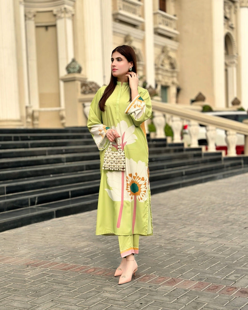 Gul -E- Mehak Lime Floral Long Dress 2PCS