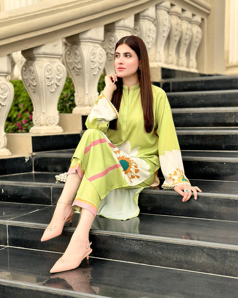 Gul -E- Mehak Lime Floral Long Dress 2PCS
