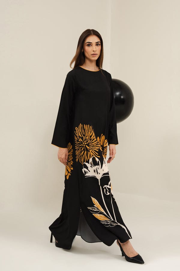 BLACK PRINTED LONG DRESS  2PCS