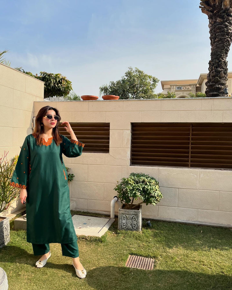 GREEN EMERALD SAGE ENBROIDED DRESS 2PCS
